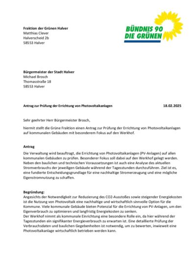 Antrag zur Prüfung der Errichtung von Photovoltaikanlagen