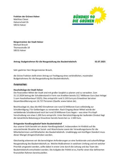 Antrag: Budgetrahmen für die Neugestaltung des Baubetriebshofs