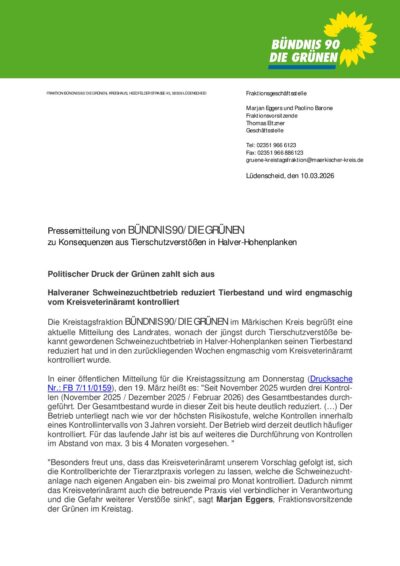 Pressemitteilung von BÜNDNIS 90/DIE GRÜNEN zu Konsequenzen aus Tierschutzverstößen in Halver-Hohenplanken