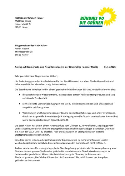 Antrag auf Baumersatz- und Neupflanzungen in der Lindenallee Hagener Straße