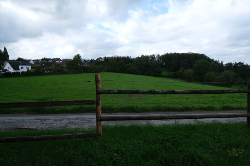 Schmale Straße umsäumt von einem Zaun, dahinter Wiese und ein Wohngebiet