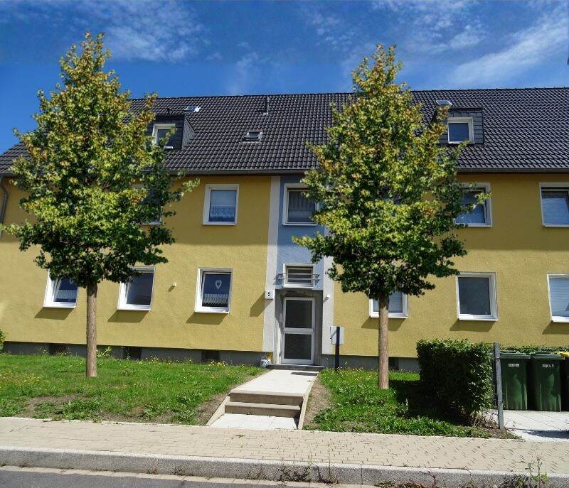 Zwei Bäume vor einem Mehrfamilienhaus